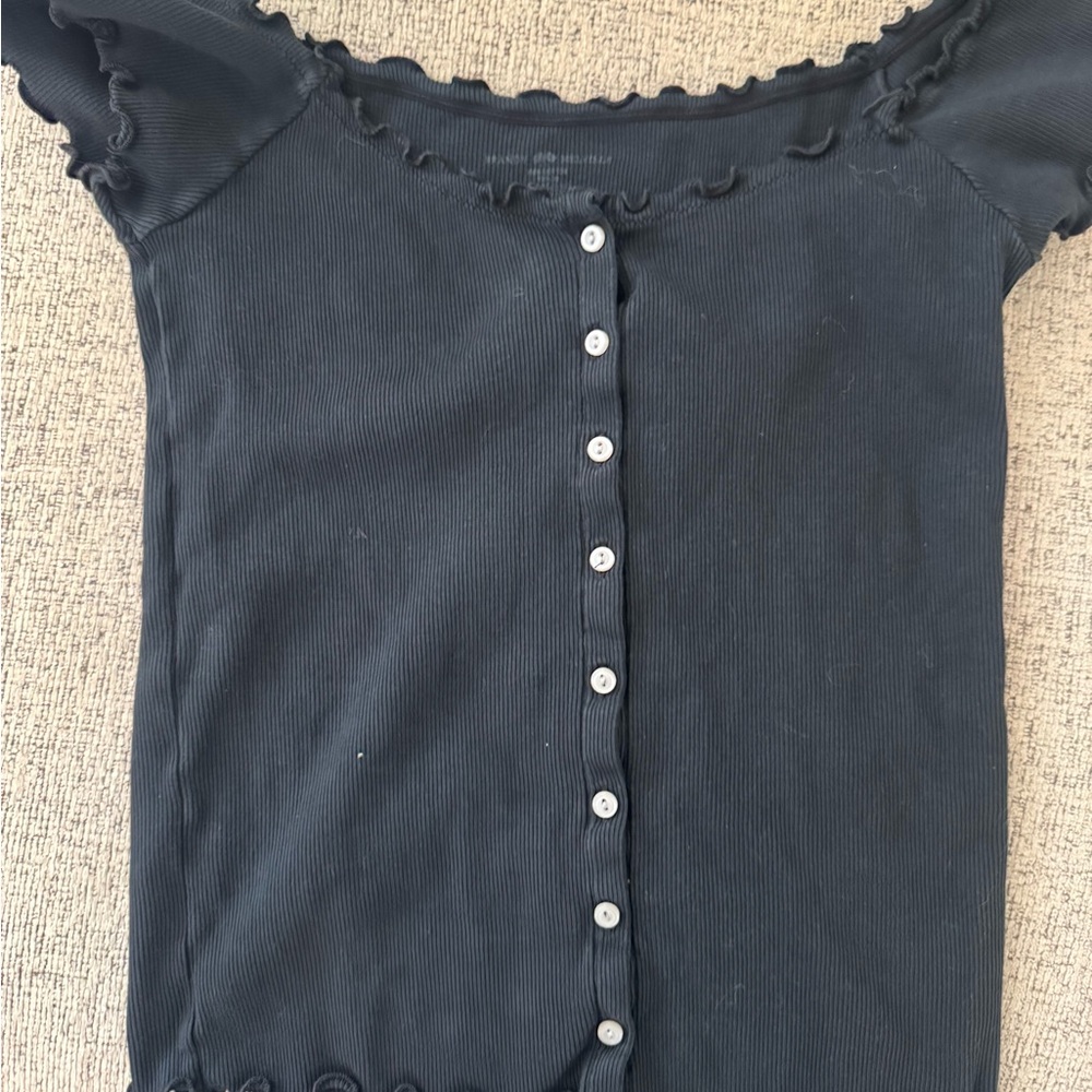 Brandy Melville Black Ruffled Button-Up Tee